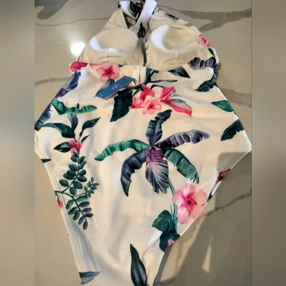 V Neck One Piece Swimsuit Halter Backless Ruched Tummy Control SZ M White floral
